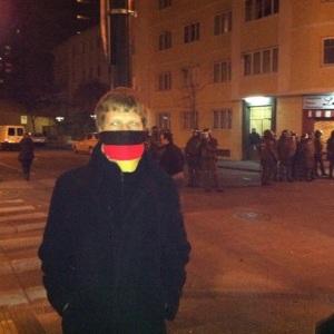 Masked against tear gas